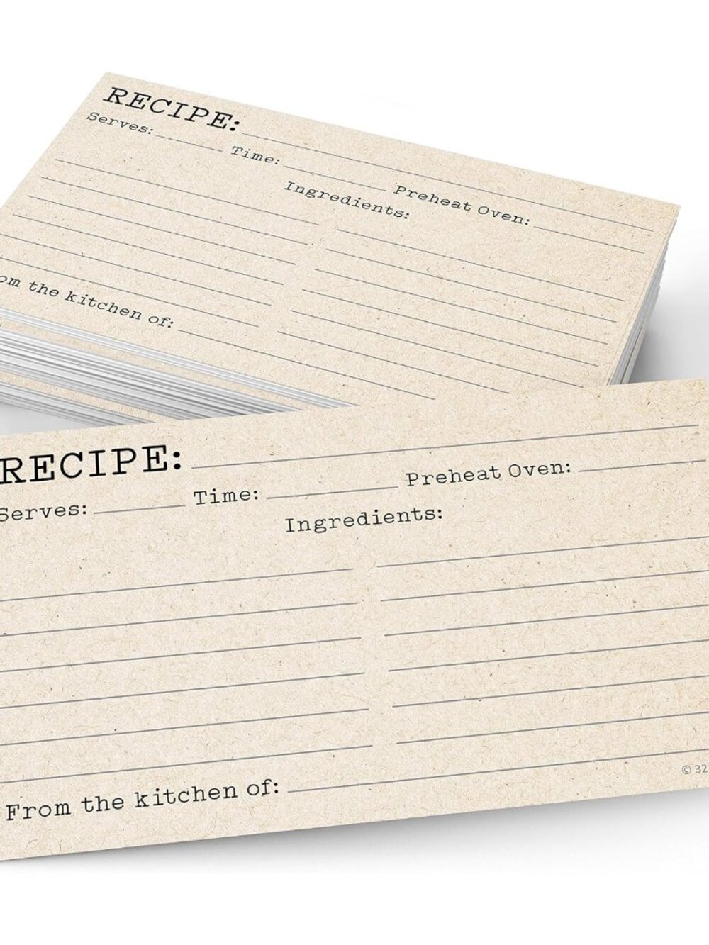 Blank Recipe Cards, Small 3x5, Set of 50, Typewriter Font, Tan